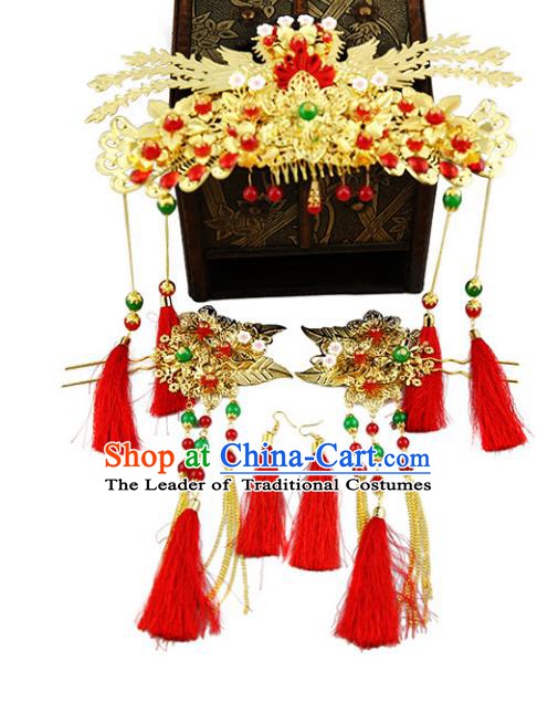 Asian Chinese Handmade Palace Lady Classical Hair Accessories Xiuhe Suit Phoenix Coronet Hairpins Headwear for Women