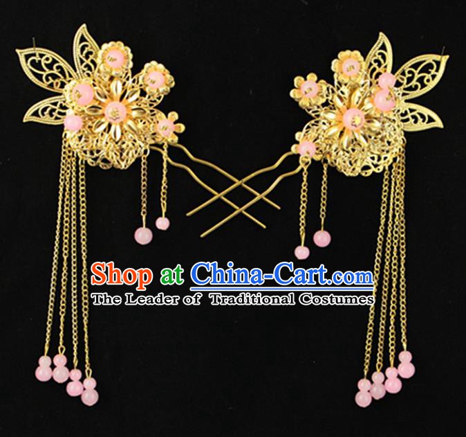 Asian Chinese Handmade Palace Lady Classical Hair Accessories Pink Beads Tassel Hairpins for Women