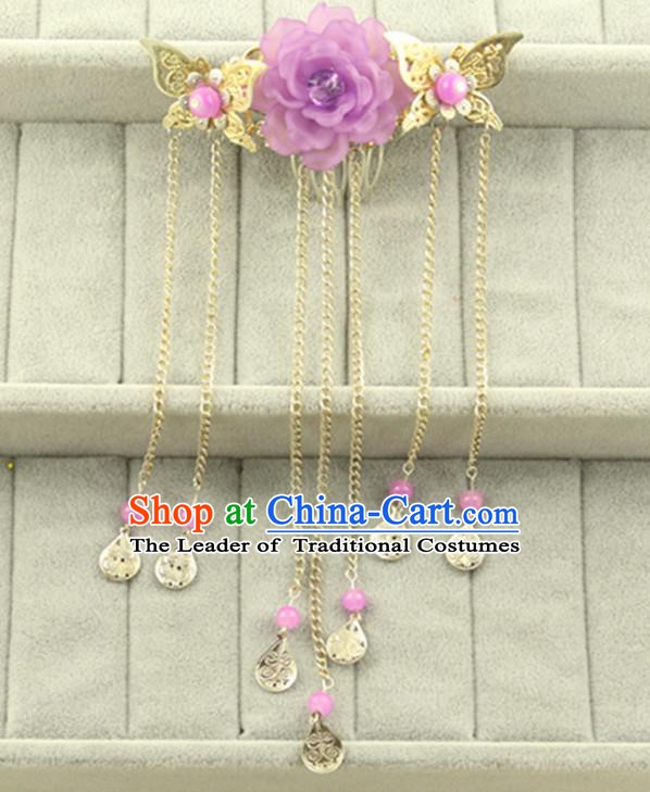 Asian Chinese Handmade Classical Hair Accessories Princess Purple Flowers Hairpins Butterfly Hair Comb for Women