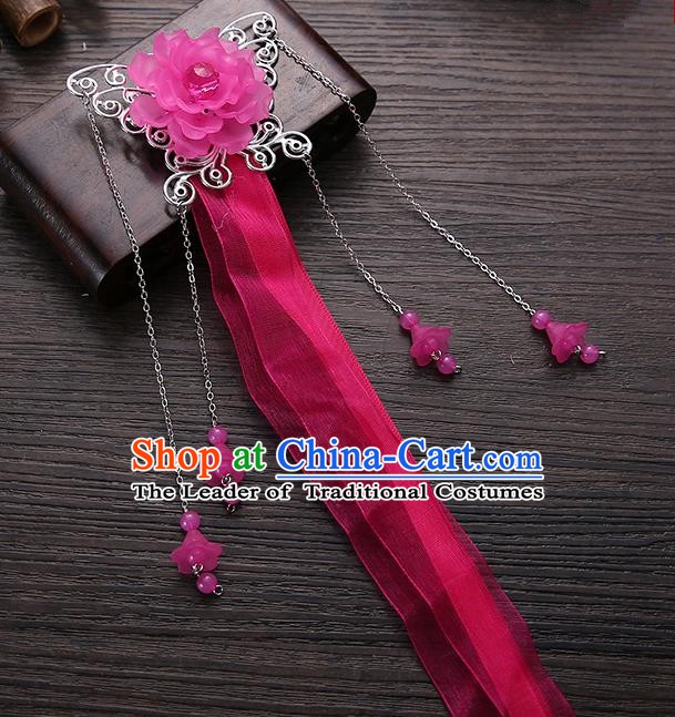 Handmade Asian Chinese Classical Hair Accessories Rosy Ribbon Butterfly Hairpins Hanfu Hair Stick for Women