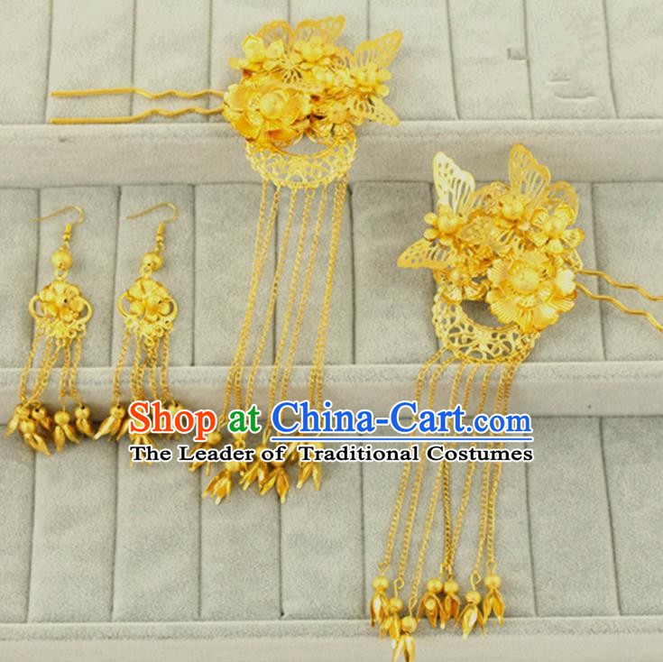 Asian Chinese Handmade Classical Hair Accessories Bride Hanfu Golden Hairpins and Earrings for Women