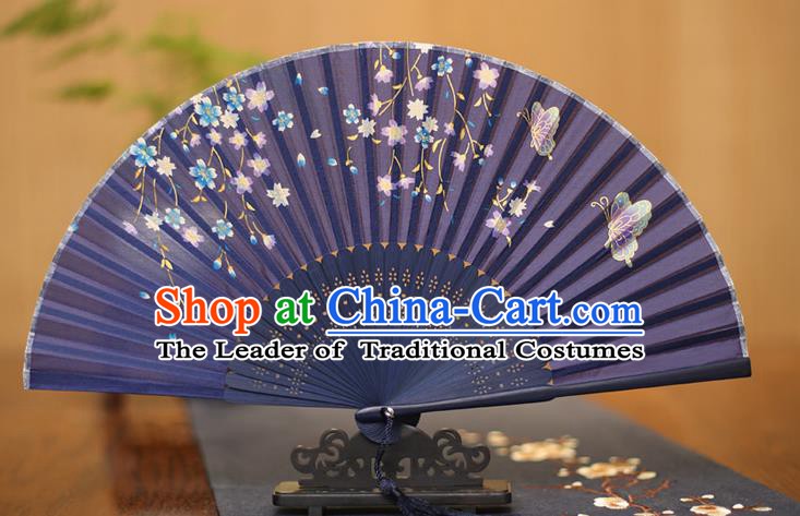 Traditional Chinese Crafts Printing Flowers Butterfly Purple Folding Fan, China Sensu Paper Fans for Women