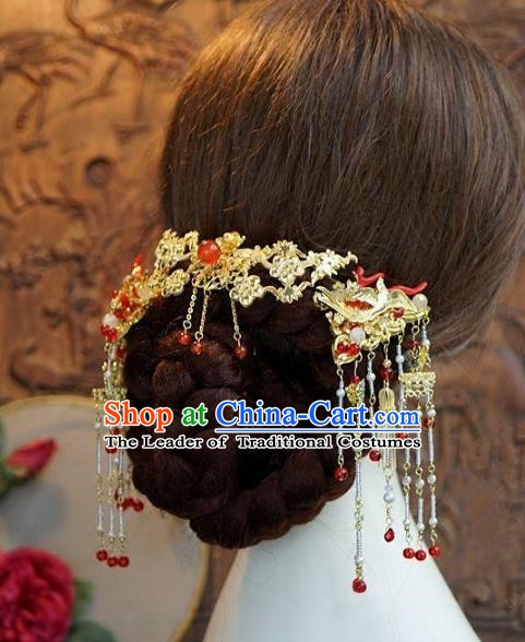 Asian Chinese Ancient Handmade Classical Hair Accessories Hairpins Tassel Step Shake Xiuhe Suit Headdress for Women