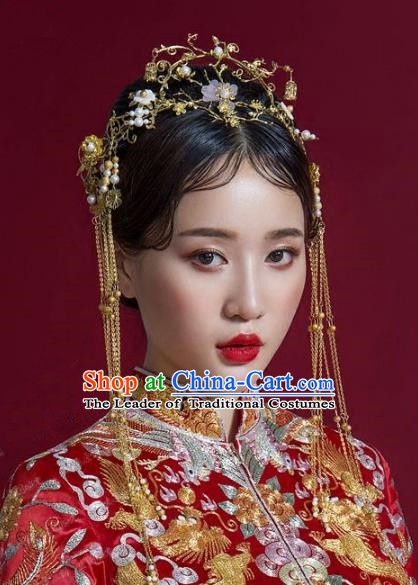 Chinese Ancient Handmade Classical Wedding Hair Accessories Xiuhe Suit Headwear Hairpins Complete Set for Women