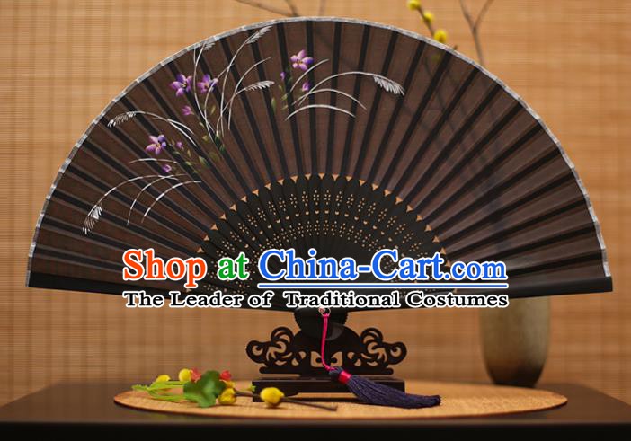Traditional Chinese Crafts Printing Orchid Black Folding Fan, China Sensu Paper Fans for Women