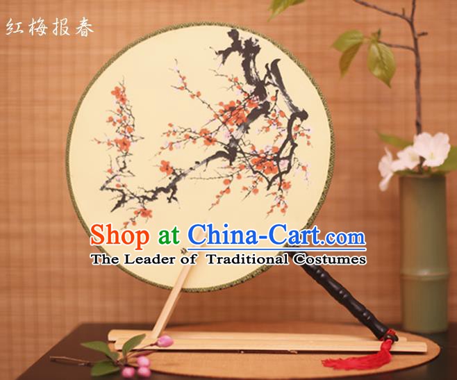 Traditional Chinese Crafts Printing Red Plum White Round Fan, China Palace Fans Princess Silk Circular Fans for Women