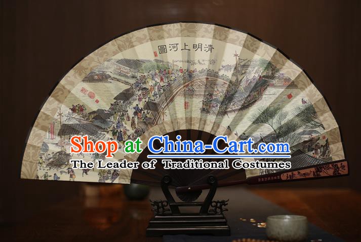 Traditional Chinese Crafts Printing Riverside Scene at Qingming Festival White Folding Fan, China Sculpture Framework Silk Fans for Men