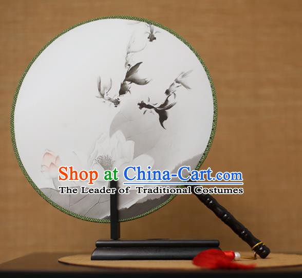 Traditional Chinese Crafts Printing Goldfish Lotus White Round Fan, China Palace Fans Princess Silk Circular Fans for Women