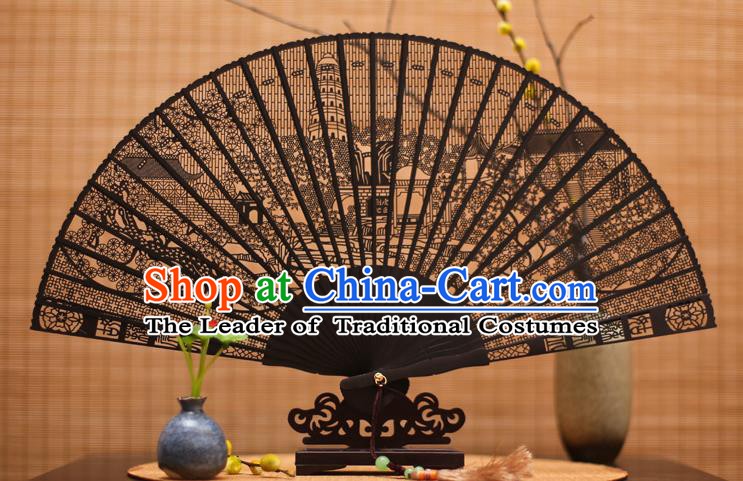 Traditional Chinese Crafts Ebony Folding Fan Carving Pagoda Sandalwood Fans for Women