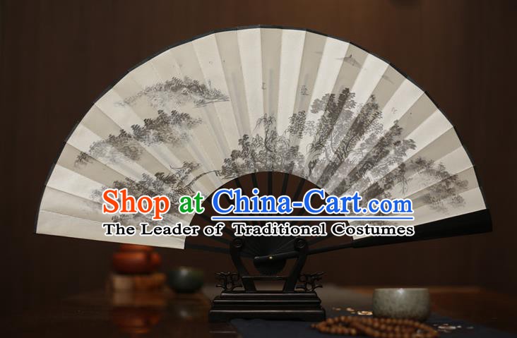 Traditional Chinese Crafts Printing White Folding Fan, China Sculpture Framework Silk Fans for Men