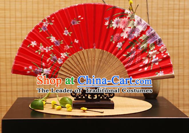 Traditional Chinese Crafts Folding Fans Printing Flowers Red Silk Fan for Women
