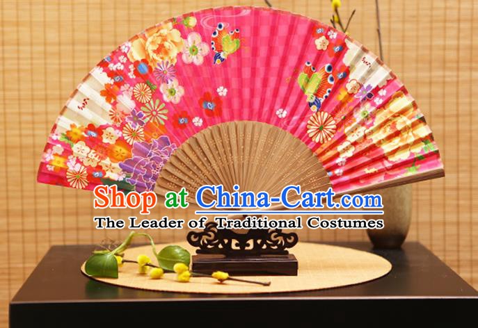 Traditional Chinese Crafts Folding Fans Printing Flowers Pink Silk Fan for Women