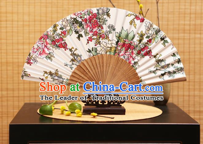 Traditional Chinese Crafts Folding Fans Printing Flowers White Silk Fan for Women