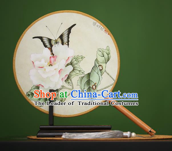 Traditional Chinese Crafts Painting Butterfly Flowers Rosewood Round Fan, China Palace Fans Princess Silk Circular Fans for Women