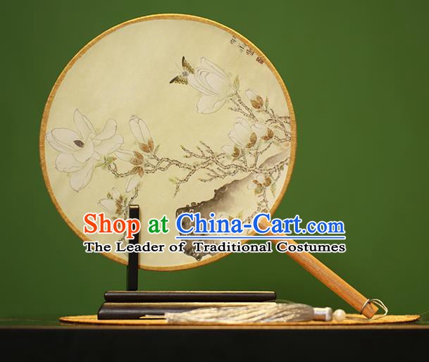 Traditional Chinese Crafts Painting Magnolia Rosewood Round Fan, China Palace Fans Princess Silk Circular Fans for Women