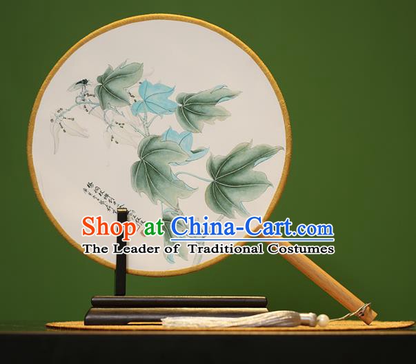 Traditional Chinese Crafts Painting Leaf Rosewood Round Fan, China Palace Fans Princess Silk Circular Fans for Women