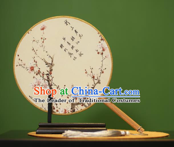 Traditional Chinese Crafts Ink Painting Wintersweet Rosewood Round Fan, China Palace Fans Princess Silk Circular Fans for Women