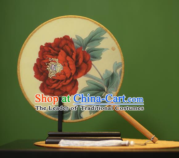 Traditional Chinese Crafts Painting Red Peony Round Fan, China Palace Fans Princess Silk Circular Fans for Women