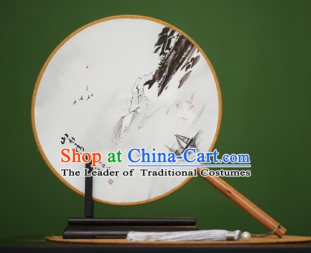 Traditional Chinese Crafts Ink Painting Rosewood Round Fan, China Palace Fans Princess Silk Circular Fans for Women