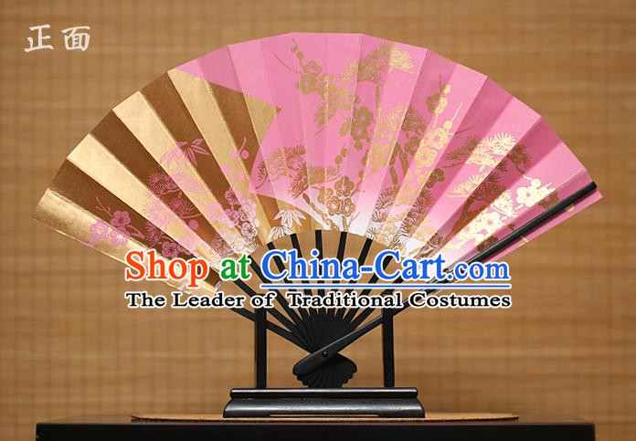 Traditional Chinese Crafts Printing Pineburst Pink Paper Folding Fan Sensu Fans for Women