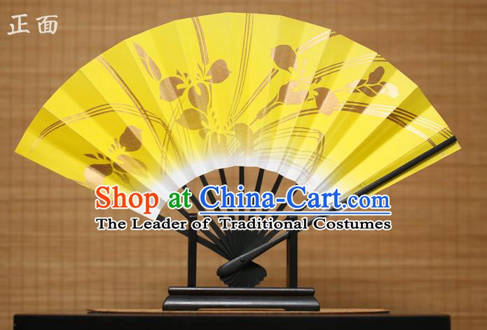 Traditional Chinese Crafts Printing Orchid Yellow Paper Folding Fan Sensu Fans for Women
