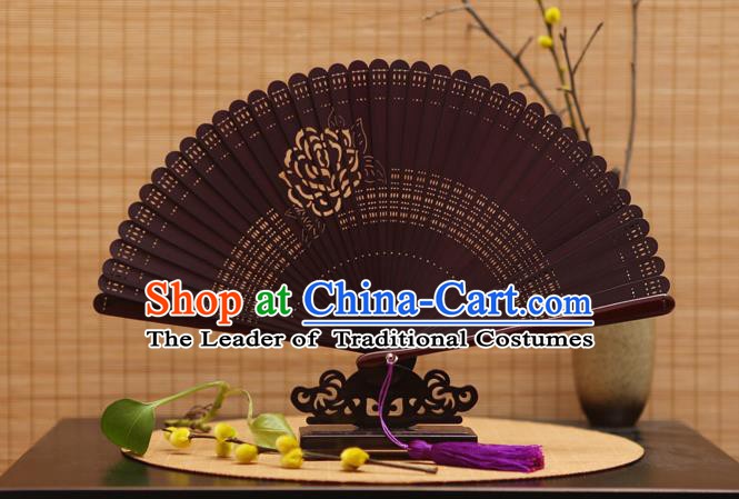Traditional Chinese Crafts Printing Rose Folding Fan Hollow Out Bamboo Fans for Women