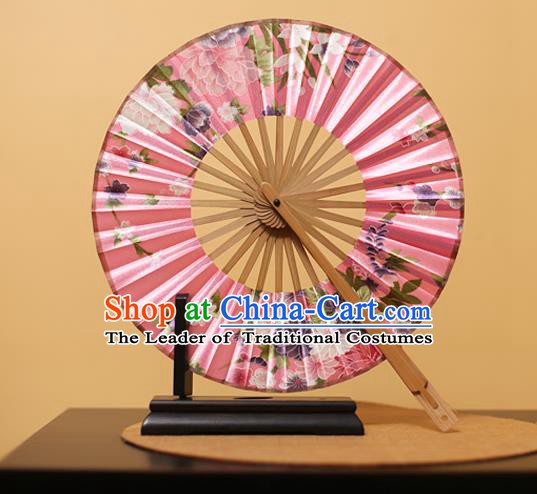 Traditional Chinese Crafts Printing Peony Pink Silk Folding Fan, China Beijing Opera Round Fans for Women
