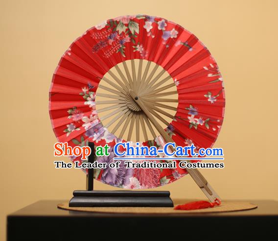 Traditional Chinese Crafts Printing Flowers Red Silk Folding Fan, China Beijing Opera Round Fans for Women