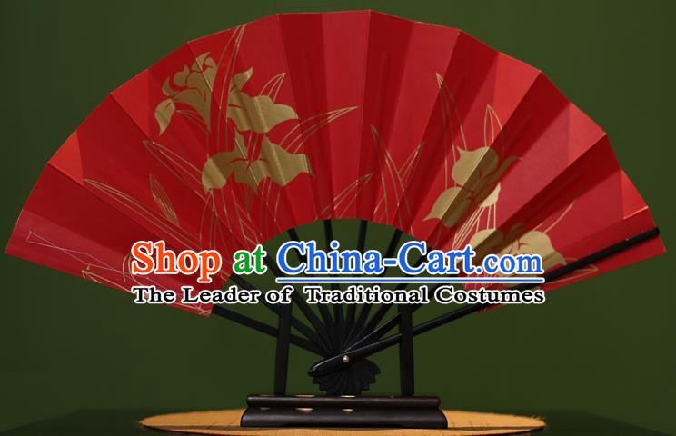 Traditional Chinese Crafts Printing Orchid Red Paper Folding Fan Sensu Fans for Women