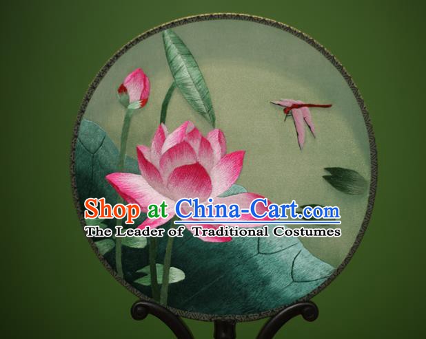 Traditional Chinese Crafts Embroidered Lotus Round Fan, China Palace Fans Princess Silk Circular Fans for Women