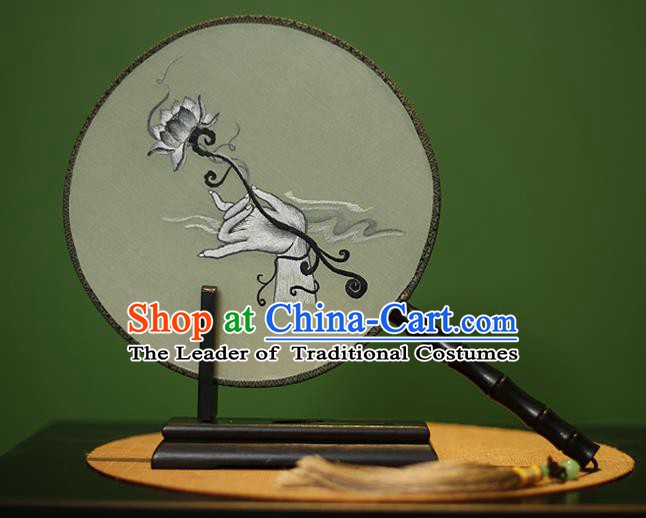 Traditional Chinese Crafts Embroidered Lotus Round Fan, China Palace Fans Princess Silk Circular Fans for Women