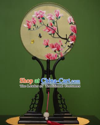 Traditional Chinese Crafts Embroidered Red Magnolia Round Fan, China Palace Fans Princess Silk Circular Fans for Women