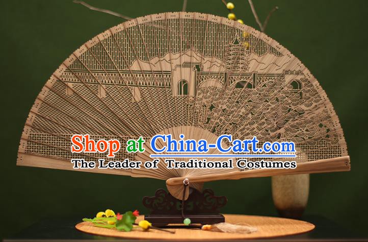 Traditional Chinese Crafts Sandalwood Folding Fan, Chinese Hollow Out Leifeng Pagoda Bamboo Fans for Women