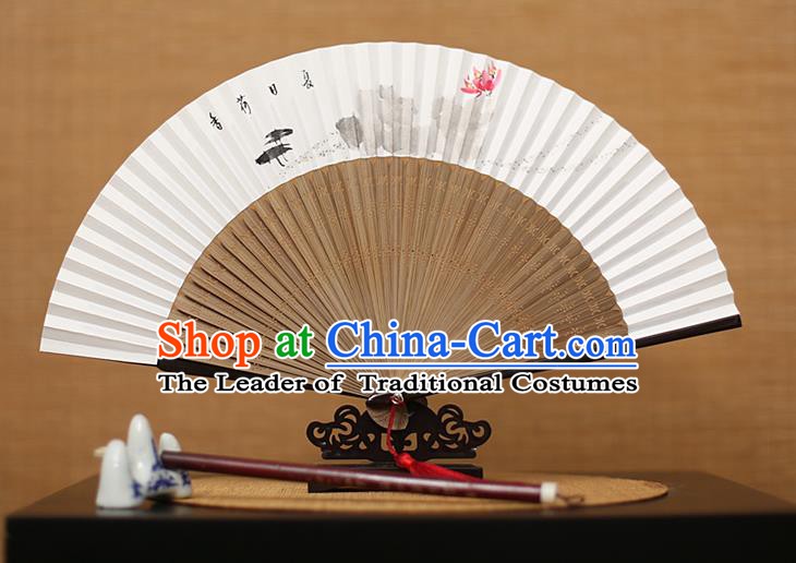 Traditional Chinese Crafts Hand Painting Lotus Folding Fan, China Handmade Xuan Paper Fans for Men