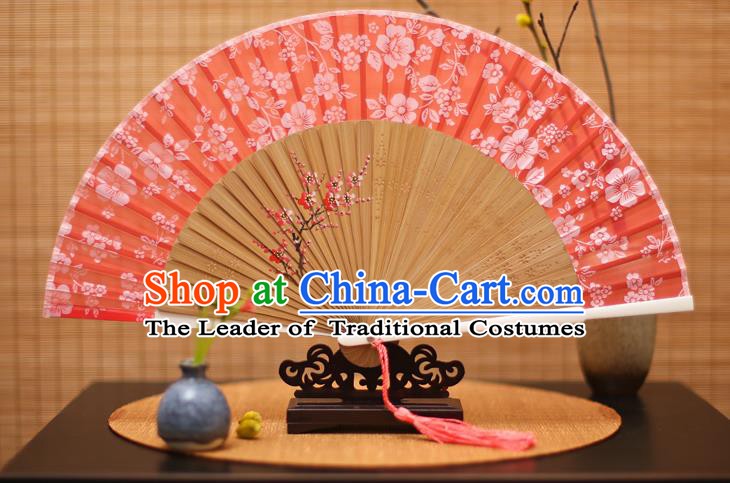 Traditional Chinese Crafts Folding Fan, China Printing Plum Blossom Red Silk Fans for Women