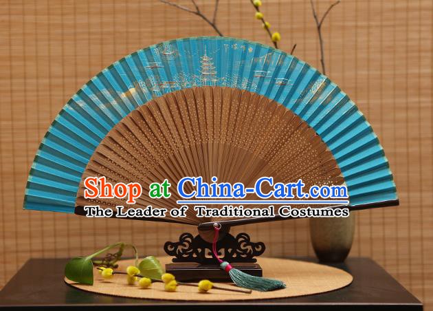 Traditional Chinese Crafts Hand Painting Leifeng Pagoda Blue Silk Folding Fan, China Handmade Bamboo Fans for Women