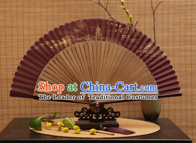 Traditional Chinese Crafts Hand Painting Leifeng Pagoda Amaranth Silk Folding Fan, China Handmade Bamboo Fans for Women