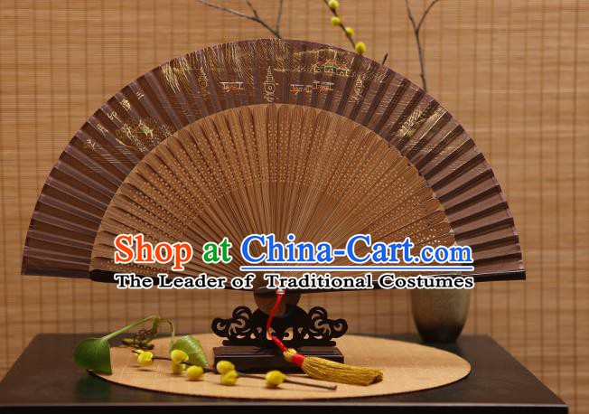 Traditional Chinese Crafts Hand Painting West Lake Brown Silk Folding Fan, China Handmade Bamboo Fans for Women