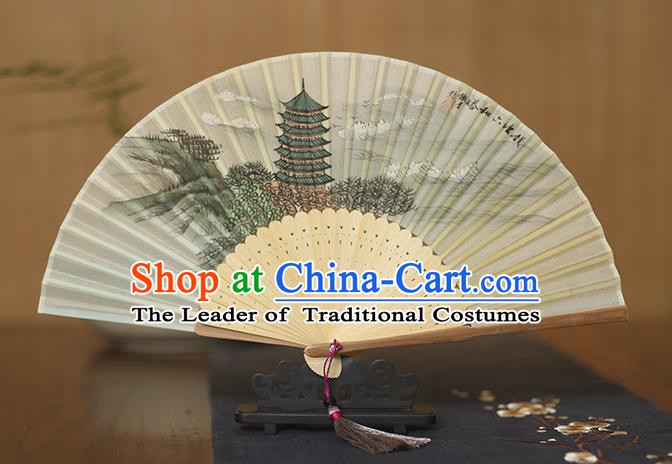 Traditional Chinese Crafts Printing Pagoda Silk Folding Fan, China Handmade Bamboo Fans for Women