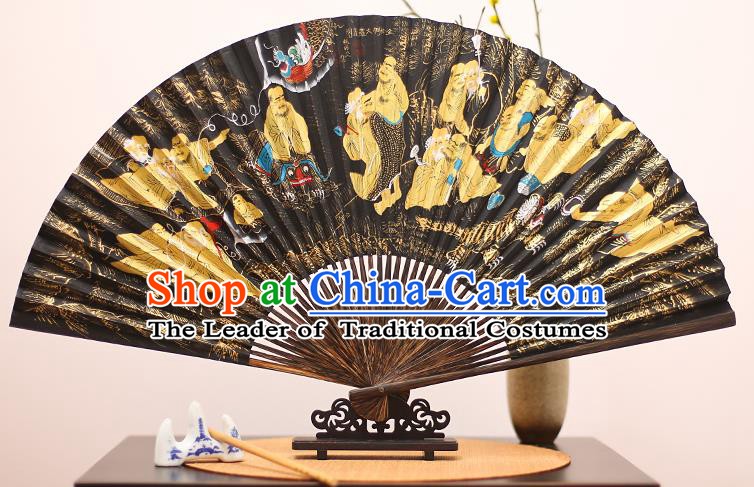 Traditional Chinese Crafts Printing Mulberry Paper Folding Fan, China Handmade Bamboo Palm Fans for Men