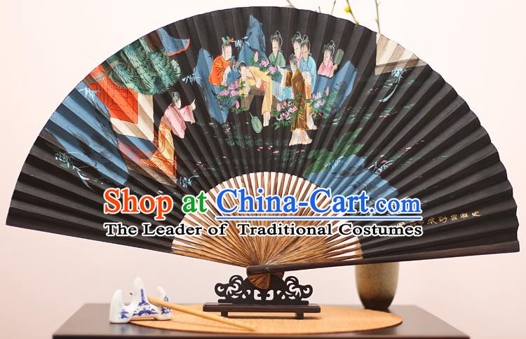 Traditional Chinese Crafts Printing Red Chamber Beauty Mulberry Paper Folding Fan, China Handmade Bamboo Palm Fans for Men