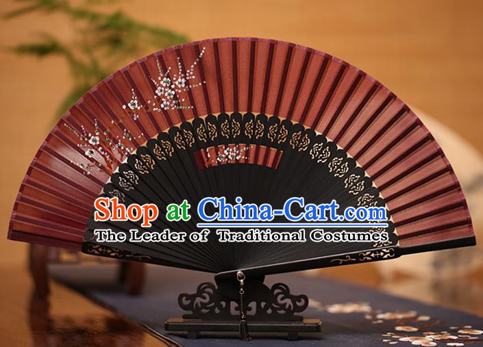 Traditional Chinese Crafts Printing Plum Blossom Folding Fan, China Handmade Classical Purplish Red Silk Fans for Women