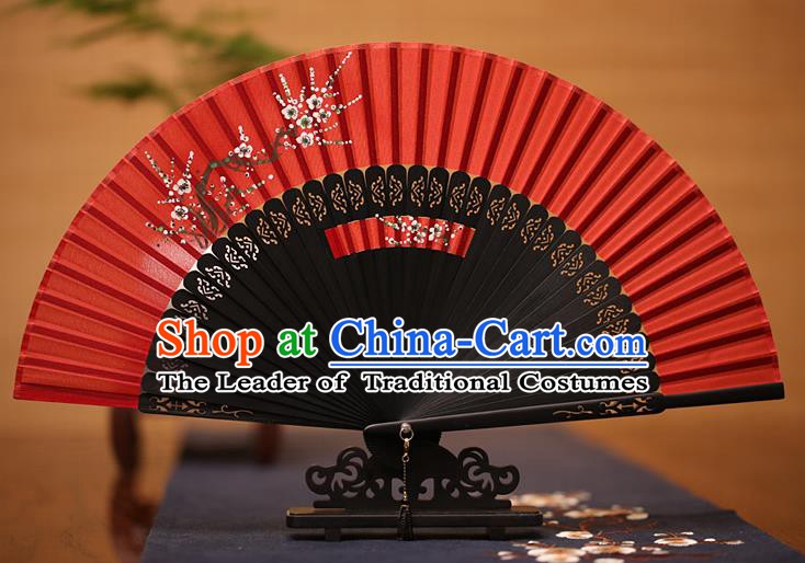 Traditional Chinese Crafts Printing Plum Blossom Folding Fan, China Handmade Classical Red Silk Fans for Women