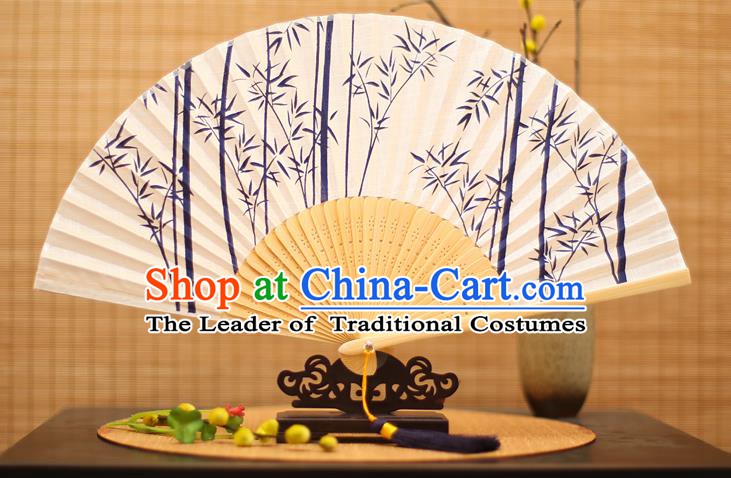 Traditional Chinese Crafts Printing Blue Bamboo Folding Fan, China Handmade Classical Fans for Women