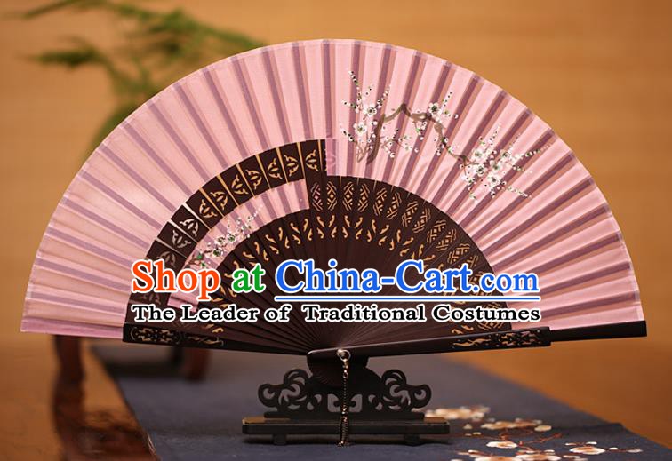 Traditional Chinese Crafts Printing Wintersweet Folding Fan, China Handmade Classical Pink Silk Fans for Women