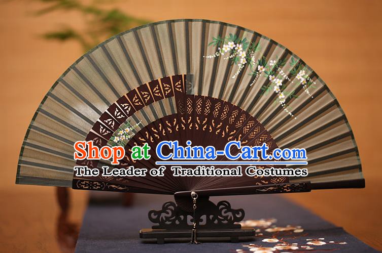 Traditional Chinese Crafts Printing Wisteria Folding Fan, China Handmade Classical Silk Fans for Women