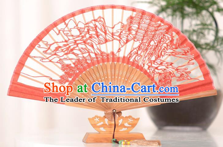 Traditional Chinese Crafts West Lake Scenery Folding Fan, China Handmade Classical Red Silk Fans for Women