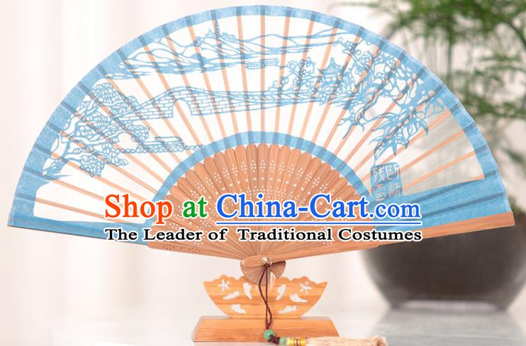 Traditional Chinese Crafts Melting Snow at Broken Bridgen Folding Fan, China Handmade Classical Blue Silk Fans for Women