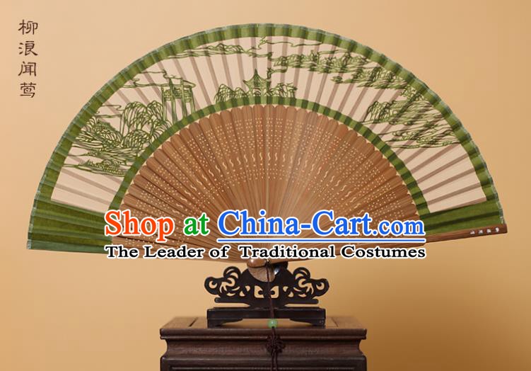 Traditional Chinese Crafts Scenery Folding Fan, China Handmade Scissor-Cut Green Silk Fans for Women