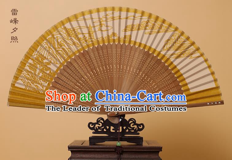 Traditional Chinese Crafts Leifeng Pagoda Scenery Folding Fan, China Handmade Scissor-Cut Yellow Silk Fans for Women
